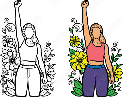 Empowered woman raising a fist amidst a beautiful floral setting, symbolizing strength and protest