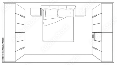 Modern bedroom interior with open wardrobe and shelving