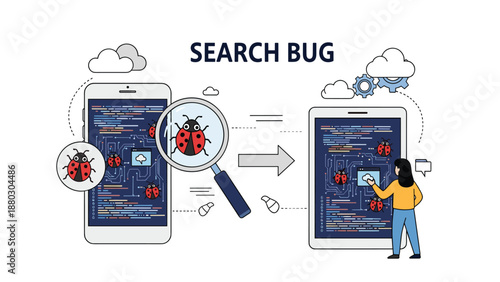 Software bug searching and debugging process shows a developer using a magnifying glass to find errors in code on mobile and tablet devices.