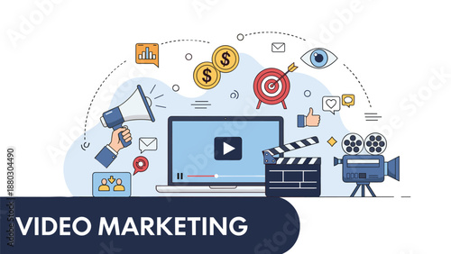 Video marketing tools and strategy concept displays a laptop with a play button surrounded by icons like megaphone, camera, and target.