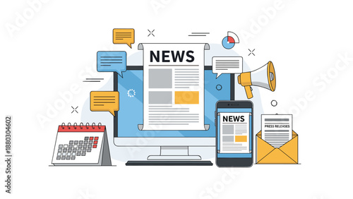 News and media communication concept illustration with a computer, smartphone, newspaper, megaphone, calendar, and electronic mail icons.