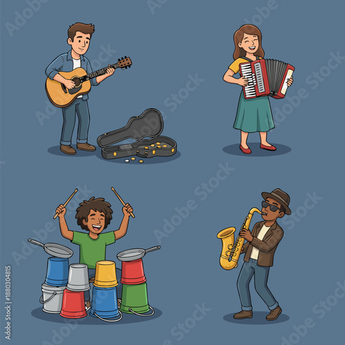 Diverse group of musicians playing various instruments including guitar, accordion, bucket drums, and saxophone.