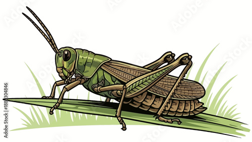 Detailed cartoon illustration of a green grasshopper perched on a blade of grass.