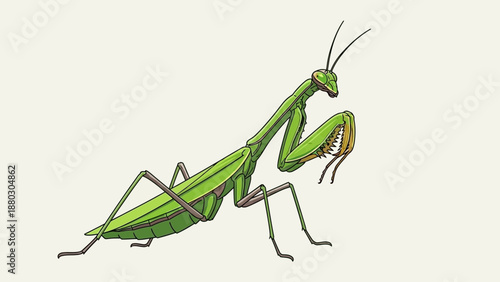 Detailed cartoon illustration of a green praying mantis insect on a plain background.