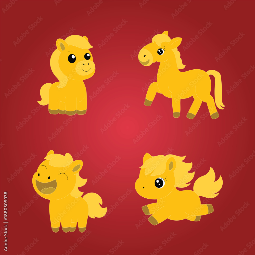 Naklejka premium Adorable Golden Cartoon Ponies Illustrator Set