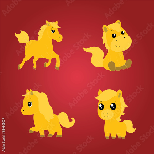 Cute Golden Cartoon Ponies Character Set