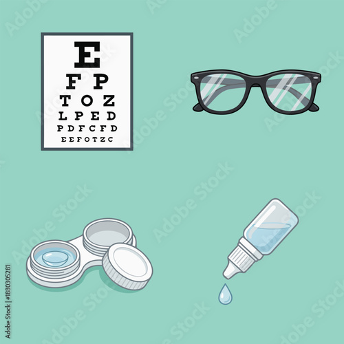 Eye care essentials - vision test chart, eyeglasses, contact lenses, and eye drops.