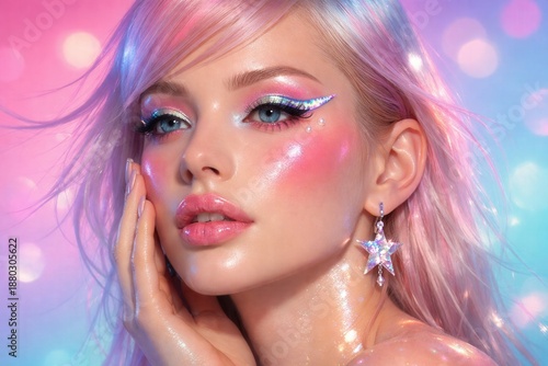 A vibrant Y2K-inspired beauty portrait of a woman with pink hair, star-shaped iridescent earrings, and winged holographic eyeliner with a bokeh background.