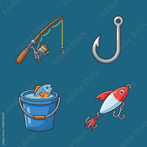 Fishing gear set with rod, hook, bucket with fish, and lure.