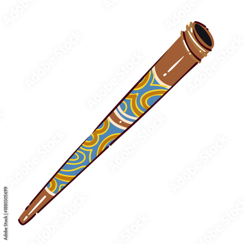 Didgeridoo traditional wind instrument with tribal pattern, wooden tube with indigenous ornament, ethnic music object, cultural symbol detail, hand drawn cartoon vector illustration