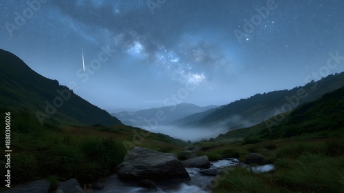 A shooting star streaks across a starry night sky above a misty mountain valley with a stream flowing through