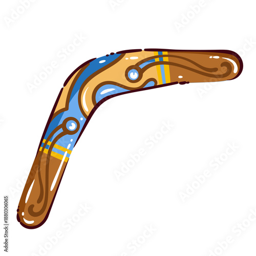 Traditional wooden boomerang with painted patterns and curved shape, indigenous hunting tool and cultural object, travel symbol, hand drawn element, vector illustration.