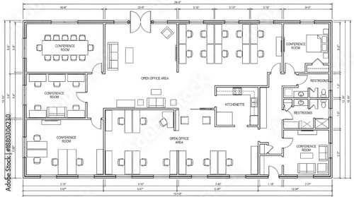 Office floor plan with conference rooms and open workspaces
