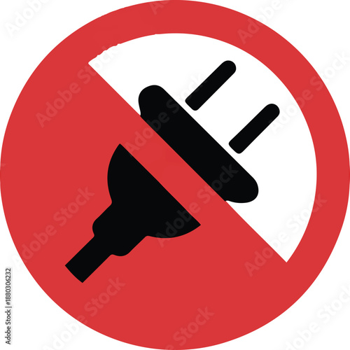 Prohibited Electric Plug in Red Circle with Diagonal Line in Simple Flat Design on White Background for Safety Signage