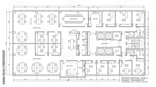 Detailed office floor plan with open spaces and meeting rooms