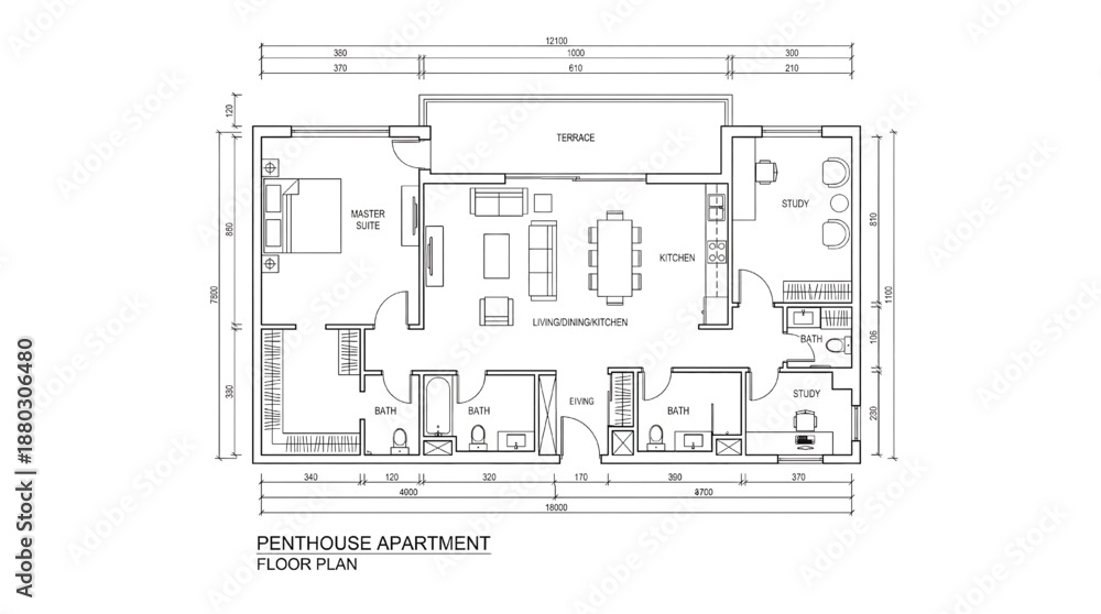 Fototapeta premium Luxury penthouse apartment floor plan with spacious terrace