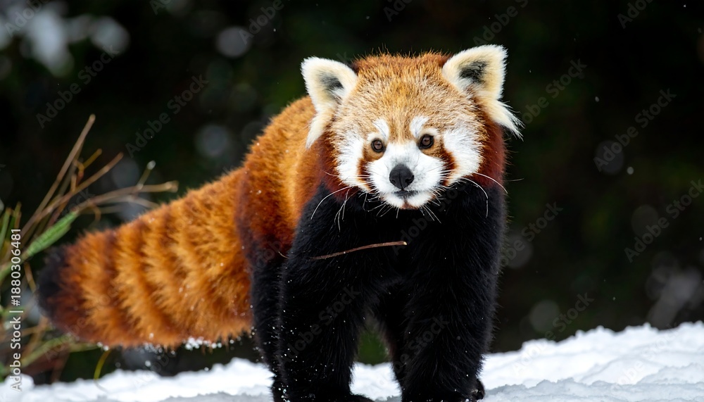 Naklejka premium A red panda standing in snow with a blurred forest background