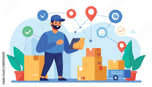 vector Delivery Man Checking Package on Mobile Phone