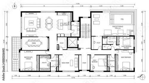 Modern luxury home floor plan with spacious rooms and pool