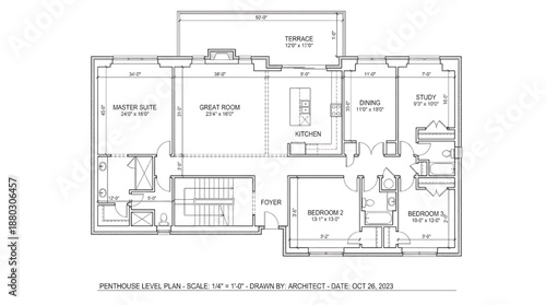 Luxury penthouse floor plan with spacious rooms and terrace