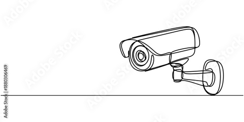 Continuous one line drawing of CCTV video camera surveillance system for monitoring security. Editable vector, One line drawing of CCTV security camera mounted on wall. Minimalist continuous line art.