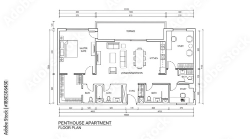 Luxury penthouse apartment floor plan with spacious terrace