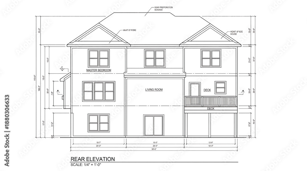 Fototapeta premium Detailed rear elevation house plan with measurements and labels