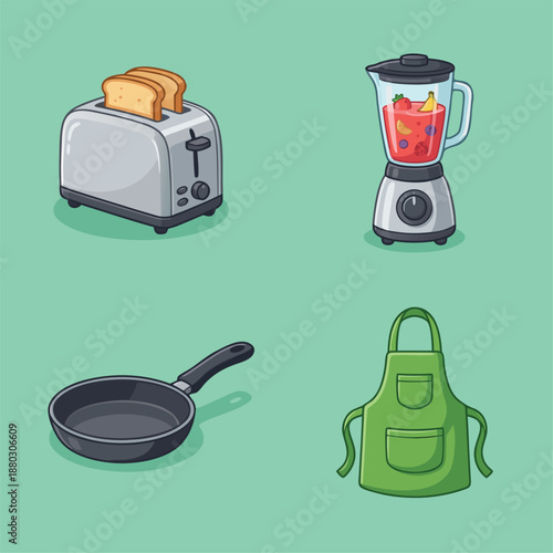 Kitchen Essentials Collection - Toaster, Blender, Frying Pan, and Apron.