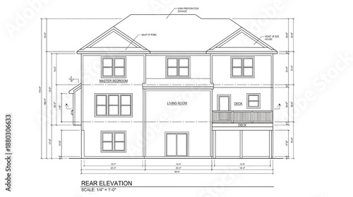 Detailed rear elevation house plan with measurements and labels