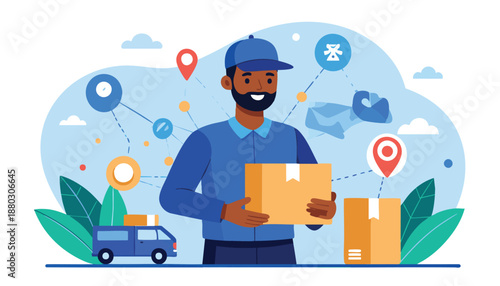 vector Delivery Man Holding Package with Logistics Icons