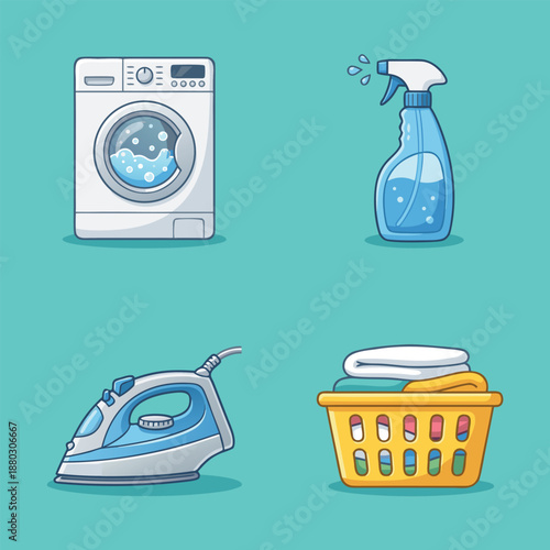 Laundry day essentials - washing machine, spray bottle, iron, and laundry basket.