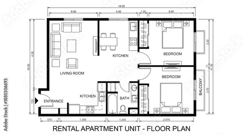 Detailed rental apartment unit floor plan with precise measurements