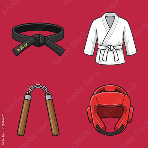 Martial Arts Equipment Set with Kimono, Black Belt, Nunchaku, and Headgear.