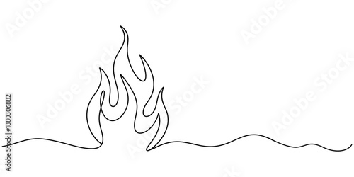 Fire icon in continuous one line drawing with minimalist style isolated outline illustration design. one line Icon drawing, Continuous one line drawing of a fire flame alongside a standard outline