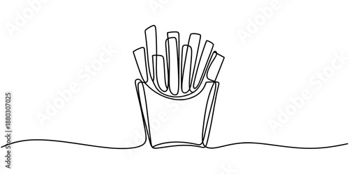 French fries in continuous line art drawing style. Fried potato sticks ,one continuous drawn line of French fries drawn from the hand picture silhouette. Line art. fast food food potato cooked
