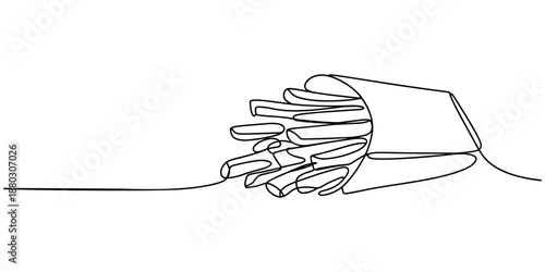 French fries in continuous line art drawing style. Fried potato sticks ,one continuous drawn line of French fries drawn from the hand picture silhouette. Line art. fast food food potato cooked