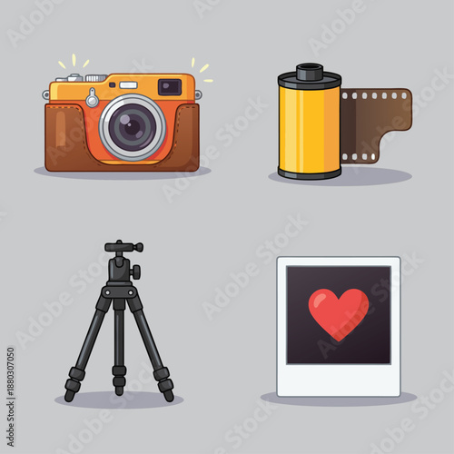 Photography equipment set with vintage camera, film roll, tripod, and instant photo.