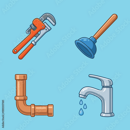 Plumbing tools and fixtures set.