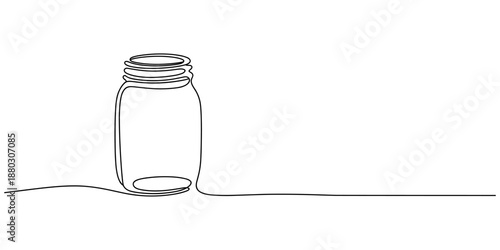 Glass canning jar in continuous line art drawing style. Food preserve. Minimalist black linear sketch on white background. Vector illustration.