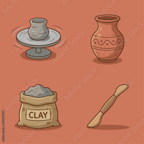 Pottery making process and tools set.