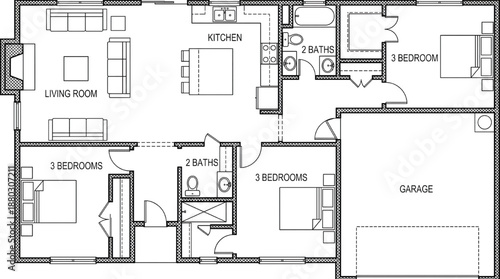Modern home floor plan with 6 bedrooms and 4 bathrooms