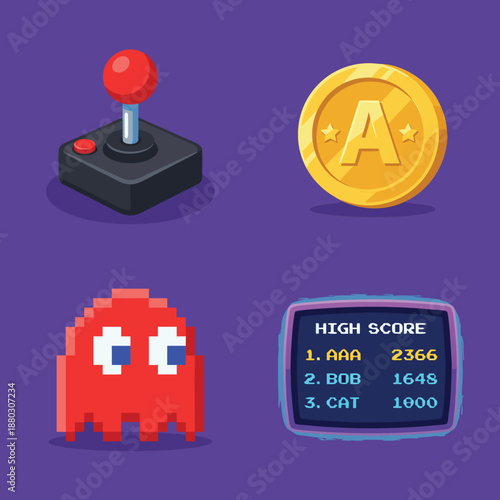 Retro arcade game elements including joystick, coin, pixel ghost, and high score screen.