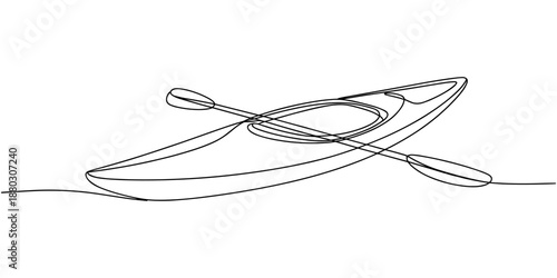 Single continuous line drawing canoe trails and rafting club with kayaking equipment, boat icon continuous one line drawing, kayak canoe rowboat sailboat yacht isolated on white background vector.