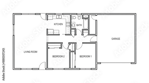 Modern home floor plan with two bedrooms and garage