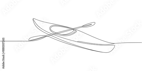 Single continuous line drawing canoe trails and rafting club with kayaking equipment, boat icon continuous one line drawing, kayak canoe rowboat sailboat yacht isolated on white background vector.