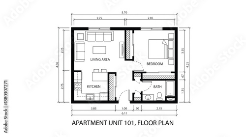 Detailed floor plan of modern apartment unit 101 with living area, kitchen, bedroom and bath