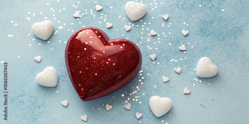 Obraz premium A red heart surrounded by small white hearts and glitter on a blue textured surface