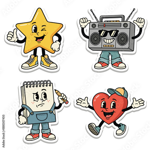 Set of four cartoon characters - a winking star, a boombox, a notepad, and a heart, all with arms and legs, in a retro sticker style.