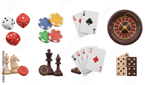 Gambling and board games realistic 3D vector icon set