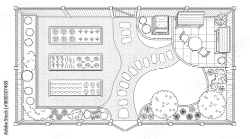 Detailed garden landscape design plan with seating area